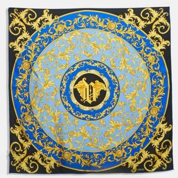 Pre Owned Gianni Versace Blue Baroque printed Silk Square Scarf