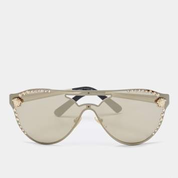 Pre Owned Versace Gold/Black Mirrored MOD 2161-B Medussa Crystals Sunglasses