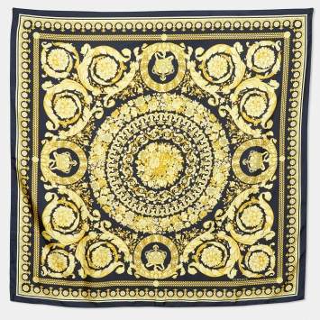 Pre Owned Versace Black/Yellow Baroque Print Silk Square Scarf
