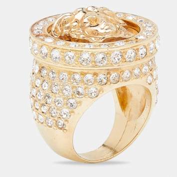 Pre Owned Versace Medusa Crystal Gold Tone Ring Size 58