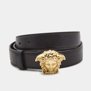 Pre Owned Versace Black Leather Medussa Buckle Belt 90CM
