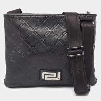 Pre Owned Versace Black Logo Embossed Leather Zip Messenger Bag