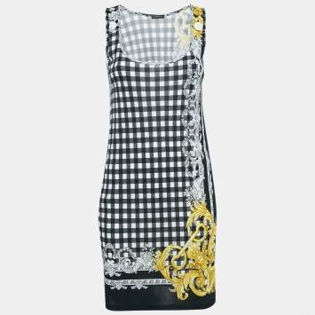 Pre Owned Versace Black Checks and Barocco Print Jersey Bodycon Dress XS