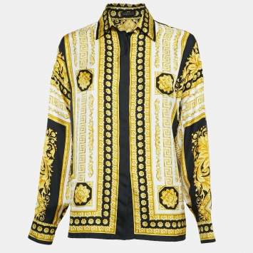 Pre Owned Versace Black/Yellow Baroque Print Silk Long Sleeve Shirt S