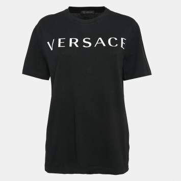 Pre Owned Versace Black Logo Print Cotton T-Shirt M