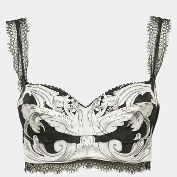 Pre Owned Versace Black/White Baroque Print Silk Bralette Top M