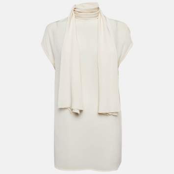 Pre Owned Versace Cream Silk Tie-Up Neck Sleeveless Blouse M