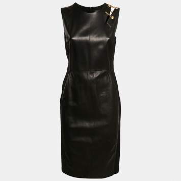Pre Owned Versace Black Leather and Jersey Sleeveless Brooch Detail Bodycon Dress M