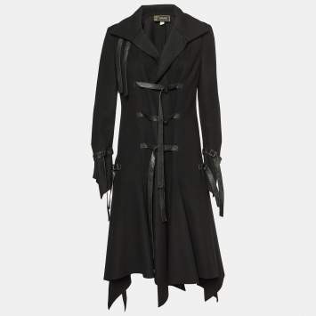 Pre Owned Versace Black Wool Leather Strap Detail Flared Coat M