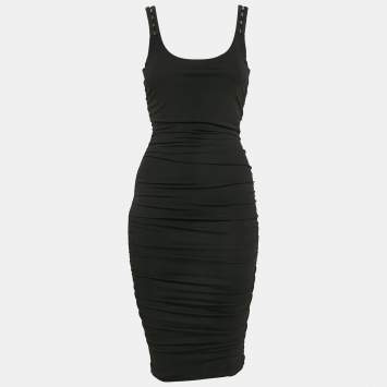 Pre Owned Versace Black Jersey Hook Detail Ruched Knee-Length Dress S