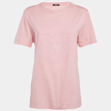 Pre Owned Versace Pink Logo Embossed Cotton Crew Neck T-Shirt M