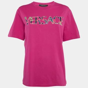 Pre Owned Versace Pink Logo Print Jersey Crew T-Shirt M