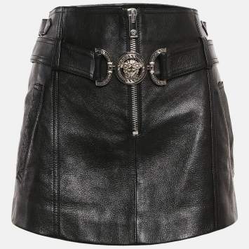 Pre Owned Versace Black Leather Medusa Detail Belt Mini Skirt S
