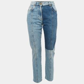 Pre Owned Versace Blue Panelled Denim Skinny Jeans S Waist 26"