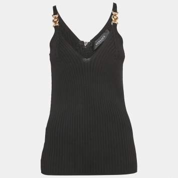 Pre Owned Versace Black Rib Knit Medusa Detail Tank Top L