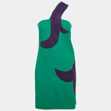 Pre Owned Versace Green Wool Applique Detail One-Shoulder Mini Dress S