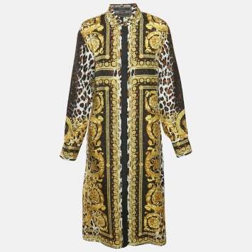 Pre Owned Versace Tribute Black Silk Wild Baroque SS 1992 Shirt Dress M