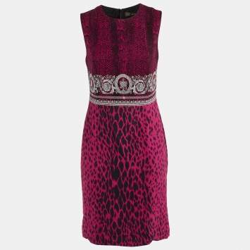 Versace Pink Baroque Snake Print Crepe Sleeveless Dress M