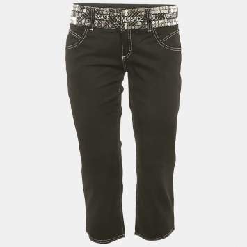 Versace Black Gabardine Cotton Waist Sequin Detail Capri Pants M