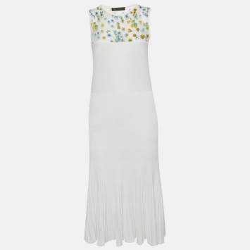 Pre Owned Versace White Floral Print Mesh and Knit Flared Midi Dress L