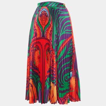 Pre Owned Versace Multicolor Printed Plisse Midi Dress M