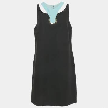 Versace Collection Blue Leaf Print Crepe Sleeveless Dress XS