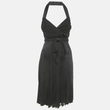 Pre Owned Versace Black Jersey & Silk Halter Neck Backless Belted Mini Dress M