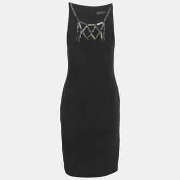Pre Owned Versace Black Silk Metal Detail Short Dress S