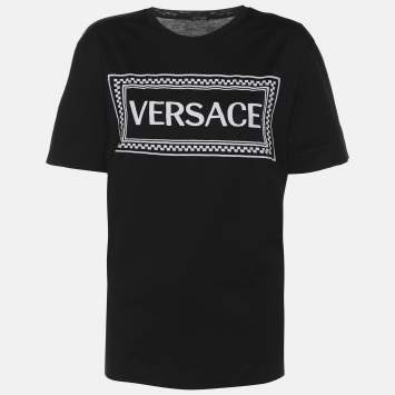 Pre Owned Versace Black Logo Embroidery Cotton Crew Neck T-Shirt M