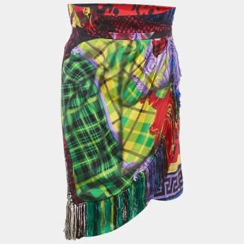 Pre Owned Versace Multicolor Printed Silk Fringed Short Skirt L