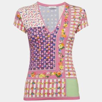 Pre Owned Versace Pink Printed Jersey V Neck T-Shirt S 