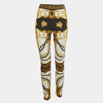 مملوكة مسبقًا بنطلون ليجن فيرساتشي جيرسي مطبوع روديو باروكو أبيض/ أصفر مقاس كبير - لارج