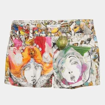 Pre Owned Versace Multicolor Printed Denim Shorts S/Waist 24"