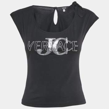 Pre Owned Versace Jeans Couture Black Logo Sequin Jersey Top S