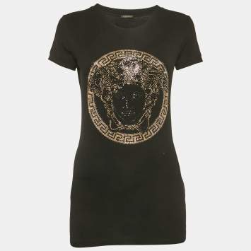 Pre Owned Versace Black Medusa Rhinestone Jersey T-Shirt M