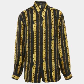 Pre Owned Versace Black/Yellow Printed Silk Long Sleeve Shirt L