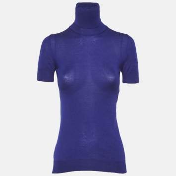 Pre Owned توب فيرساتشي تريكو كشمير أزرق برقبة عالية مقاس صغير