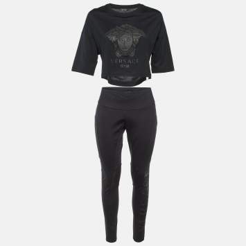 Pre Owned Versace Underwear Black Cotton & Jersey Gym Top/Leggings Set M