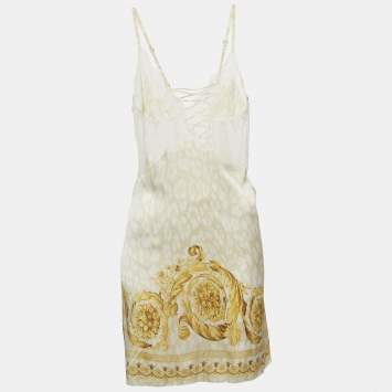 Pre Owned Versace White /Gold Baroque Print Silk Lace Trim Camisole S
