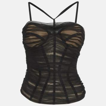 Pre Owned Versace Black Tulle Ruched Corset Top S