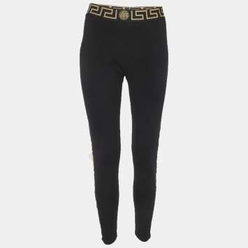 مملوكة مسبقًا Versace Black Grecca Border Waistband Jersey Gym Leggings S
