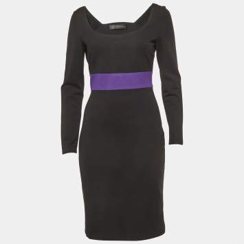 Pre Owned Versace Black/Purple Cotton Knit Mini Dress M
