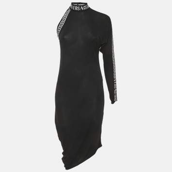 مملوكة مسبقًا Versace Black Logo Band Jersey One Shoulder Midi Dress S