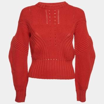 Pre Owned Versace Red Rib Knit Crewneck Sweater XS