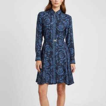 Pre Owned Versace Navy Blue Barocco Print Silk Long Sleeve Mini Dress S