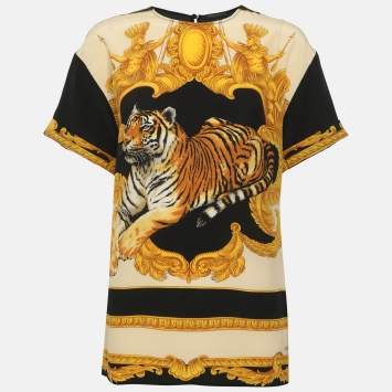 مملوكة مسبقًا Versace Black/Yellow Tiger Printed Silk Top S