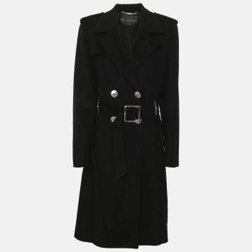 Pre Owned Versace Black Wool Blend Double Breasted Belted Overcoat L