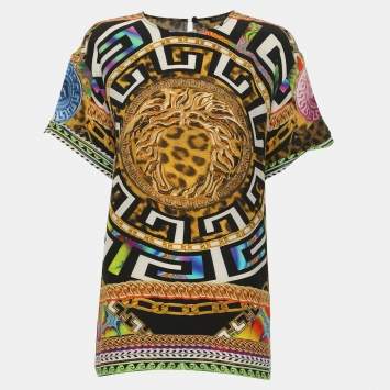 Pre Owned Versace Multicolor Medusa Leopard Printed Crepe Tops M