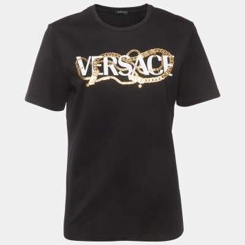 Pre Owned Versace Black Logo Chain Necklace Print Cotton Crewneck T-Shirt M