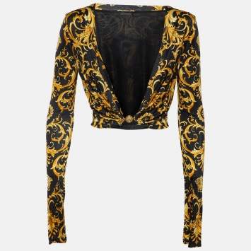 مملوكة مسبقًا Versace Black Barocco Print Jersey Medusa Detail Crop Top L